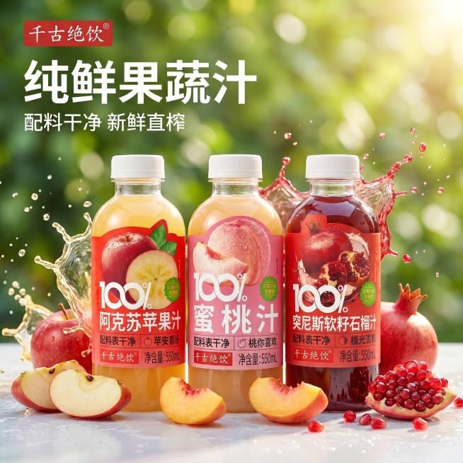 [主图 1] 食欲感首图展示三款果蔬汁产品。氛围风格：新鲜自然夏日氛围感。画质：商业摄影质感、光线柔和通透、产品清晰真实、画面干净高级。元素：保留阿克苏苹果汁、蜜桃汁、突尼斯软籽石榴汁三款产品，移除凤预览效果
