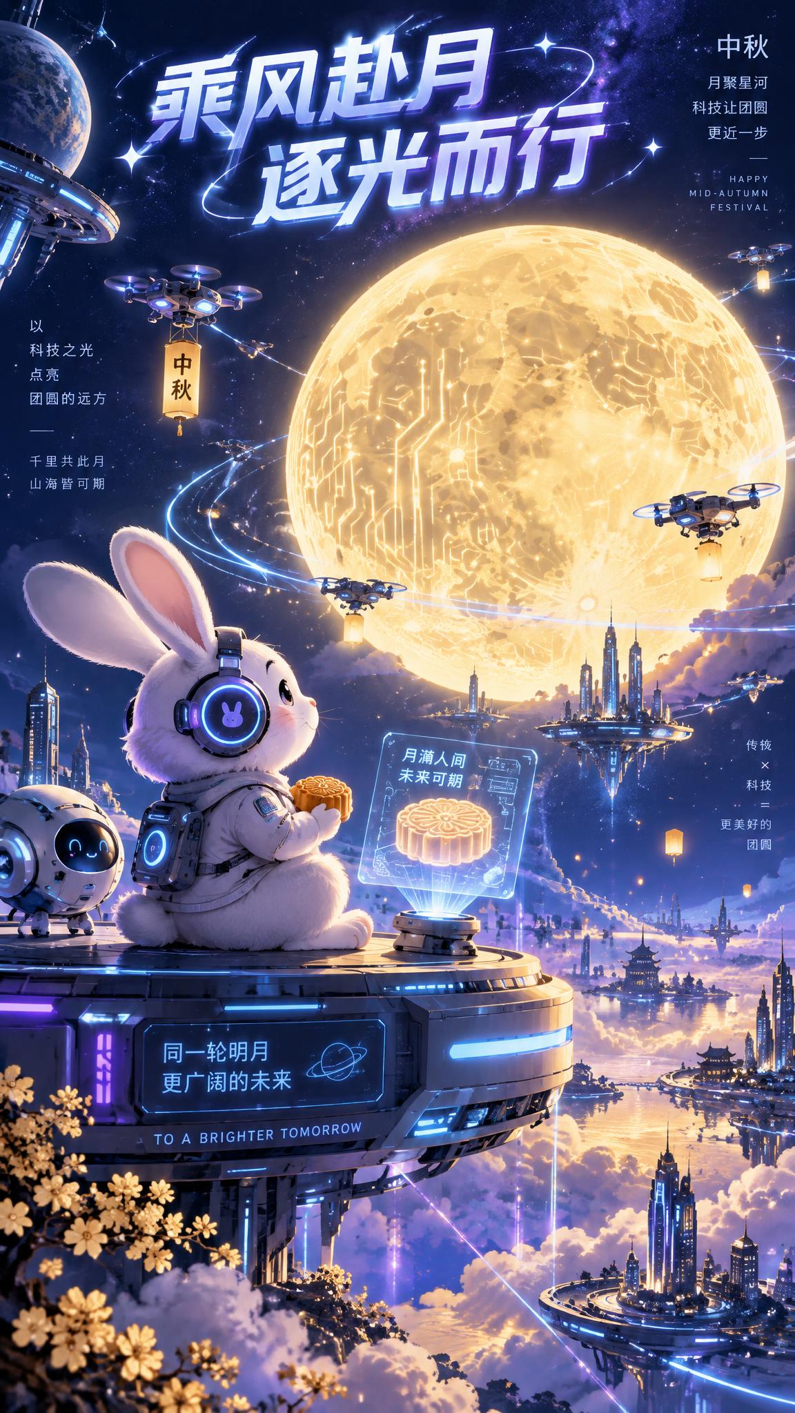 中秋节科技主题平面插画海报，竖版9:16构图，画面主体是一只可… - 图片创意预览