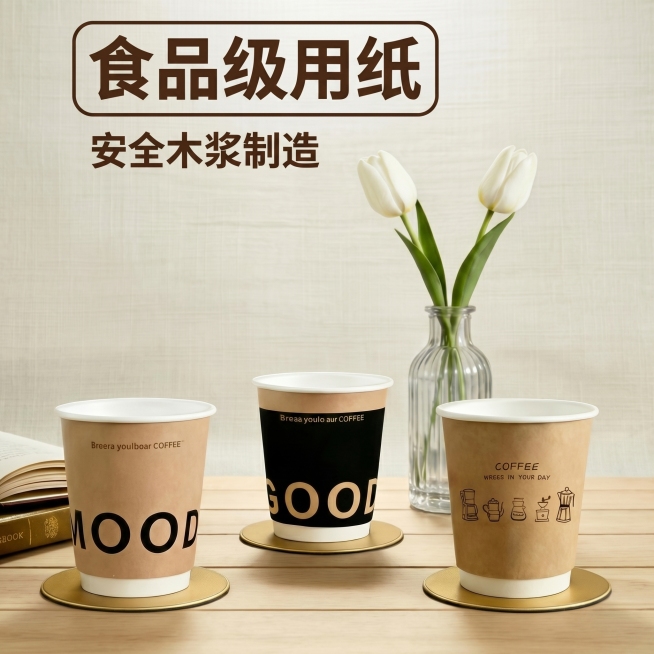 [主图 2] 小纸象一次性双层中空咖啡杯食品级用纸卖点，1:1比例
[氛围风格] 简约高级咖啡风，干净温馨
[画面元素] 商业摄影质感，光线柔和通透，保留用户上传详情页内容：三个咖啡杯错落摆放在原木桌预览效果
