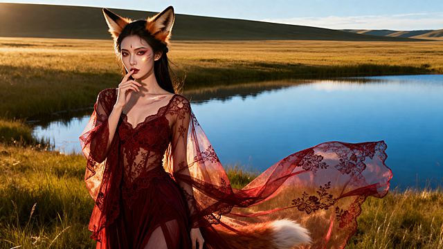 神态妩媚、五官精致的狐妖，手指轻触唇角，身穿蕾丝风格薄纱红裙，背景是草原湖泊，全景镜头，电影级灯光摄影