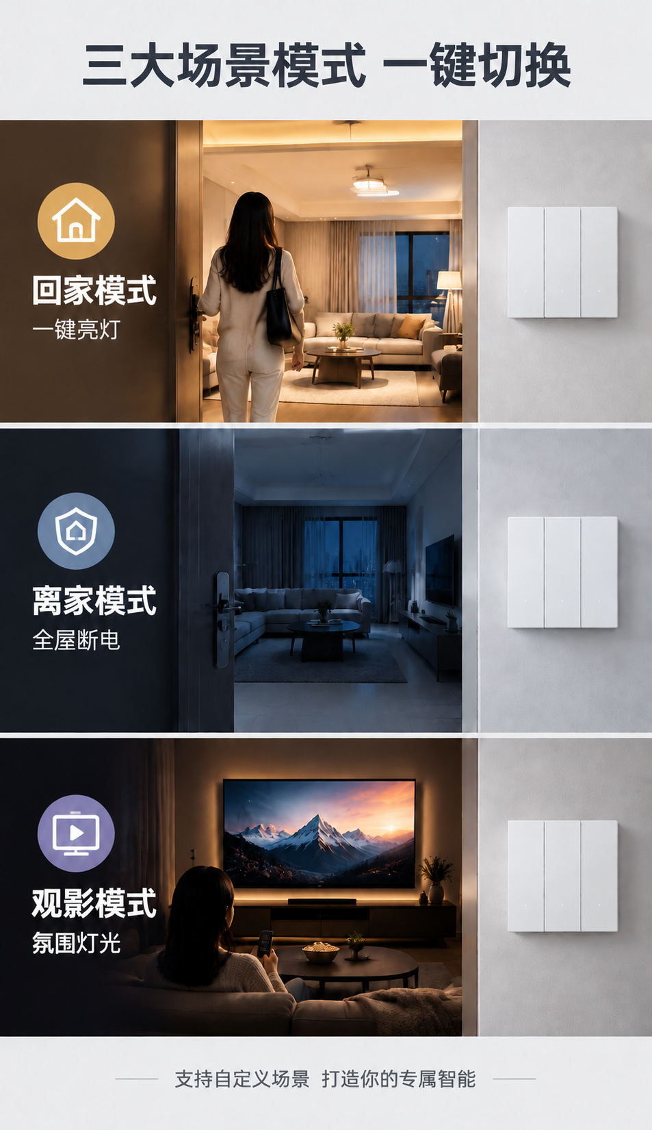 将画面右侧三个场景横条中的灰色三开开关全部替换为白色三开开关，… - 图片创意预览