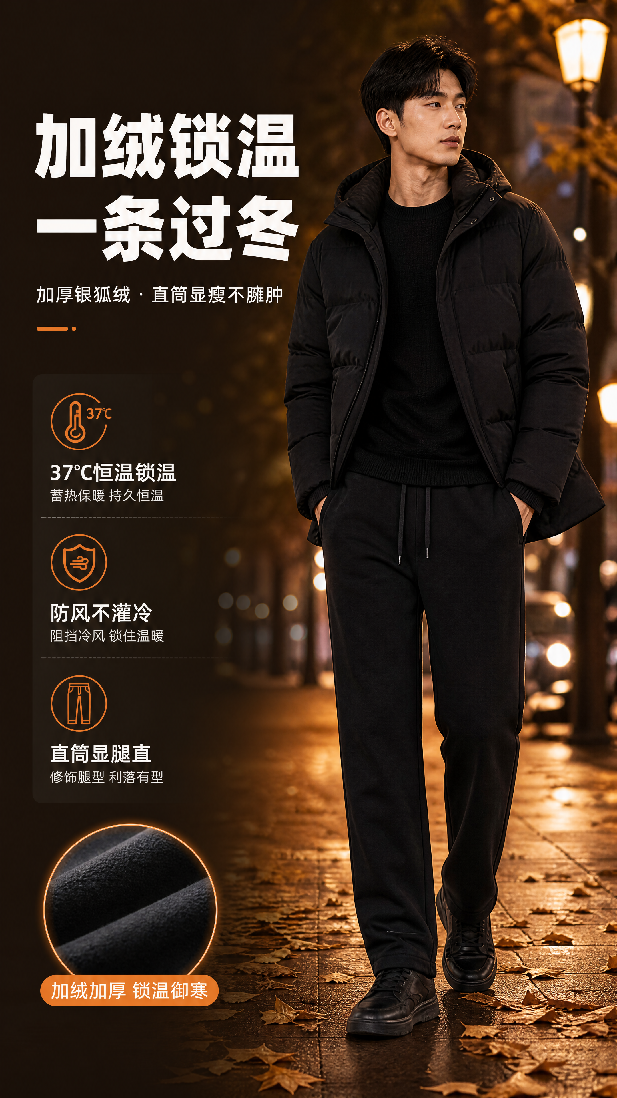 [商品] 使用【图1】男士黑色直筒加绒卫裤；商品处理：保留松紧… - 图片创意预览
