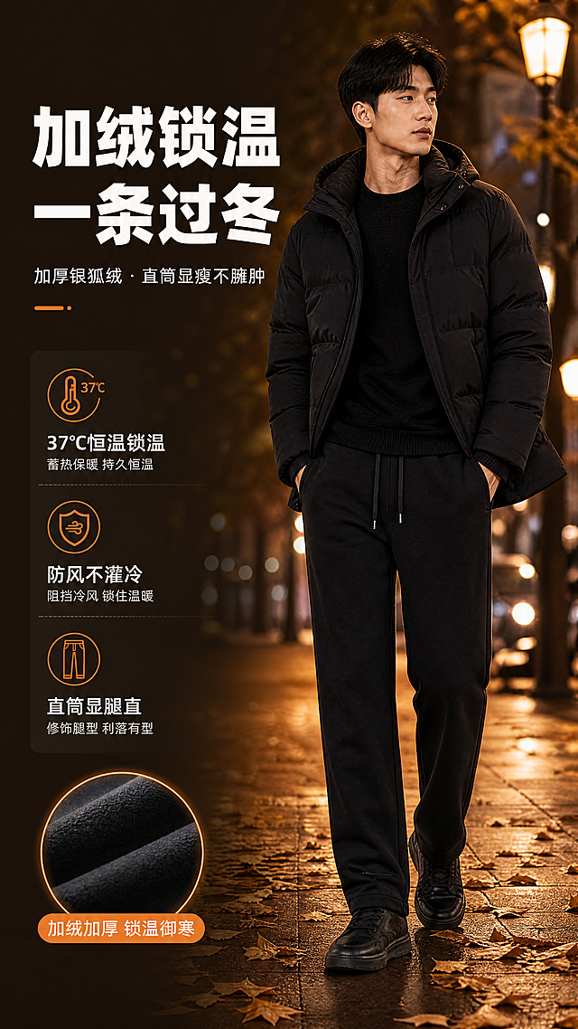 [商品] 使用【图1】男士黑色直筒加绒卫裤；商品处理：保留松紧抽绳腰头、侧边斜插口袋、直筒裤型、纯黑色面料、裤脚平口设计和整体版型；自然理顺裤身垂坠感，增强面料纹理、缝线与抽绳五金质感，不改变版型结构与颜色，呈现加绒加厚的饱满质感。
[画面] 目标：冬季加绒保暖功能头图，突出寒冬保暖核心卖点。构图：左文右图竖版布局，右侧亚洲男模（25-30岁，休闲帅气）穿着本款黑色加绒卫裤，在冬季城市街头自然行走，身穿深色羽绒服/厚外套，背景为虚化的冬日街道、暖黄路灯与落叶，营造寒冷冬日氛围；左侧上方留白放置主标题与卖点。产品占画面约55%，前景虚化路灯光斑，中景模特全身，后景虚化城市街景，阅读动线从上到下。
[视觉] 套系策略：风格=冬季暖调高级商业摄影，电影感暖光氛围；标题字=粗黑体，厚重有力；正文字=思源黑体，清晰易读；主色=深黑+暖棕；背景延展=基于暖棕与深黑做深浅层级、同色渐变和冬日暖光质感，暖黄路灯做环境光；强调色=暖橘色，仅用于小面积图标、引线、标签和重点数字高亮；标题色=米白色；正文色=浅暖灰；组件=圆角深色半透明信息卡、细线暖橘引线、保暖图标；光影=右前侧暖柔光，背景暖黄逆光勾勒轮廓，整体暖调。
[文字] 左上区域主标题「加绒锁温 一条过冬」，副标题「加厚银狐绒 · 直筒显瘦不臃肿」，下方3个短卖点：「37℃恒温锁温」「防风不灌冷」「直筒显腿直」；文字不遮挡裤身主体、腰头和口袋，手机端清晰可读。
[规格] 图片比例9:16竖版，4K分辨率，避免变形、错字、文字过小、冷蓝/冷灰背景、裤子颜色改变、版型失真、亚洲面孔以外模特、极限词。