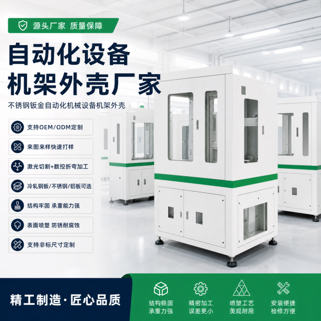 展示不锈钢钣金自动化机械设备机架外壳，家居治愈风，干净明亮的工厂环境，突出产品结构牢固，商品卖点：支持OEM/ODM定制，来图来样快速打样，激光切割+数控折弯加工，冷轧钢板/不锈钢/铝板可选，结构牢固预览效果