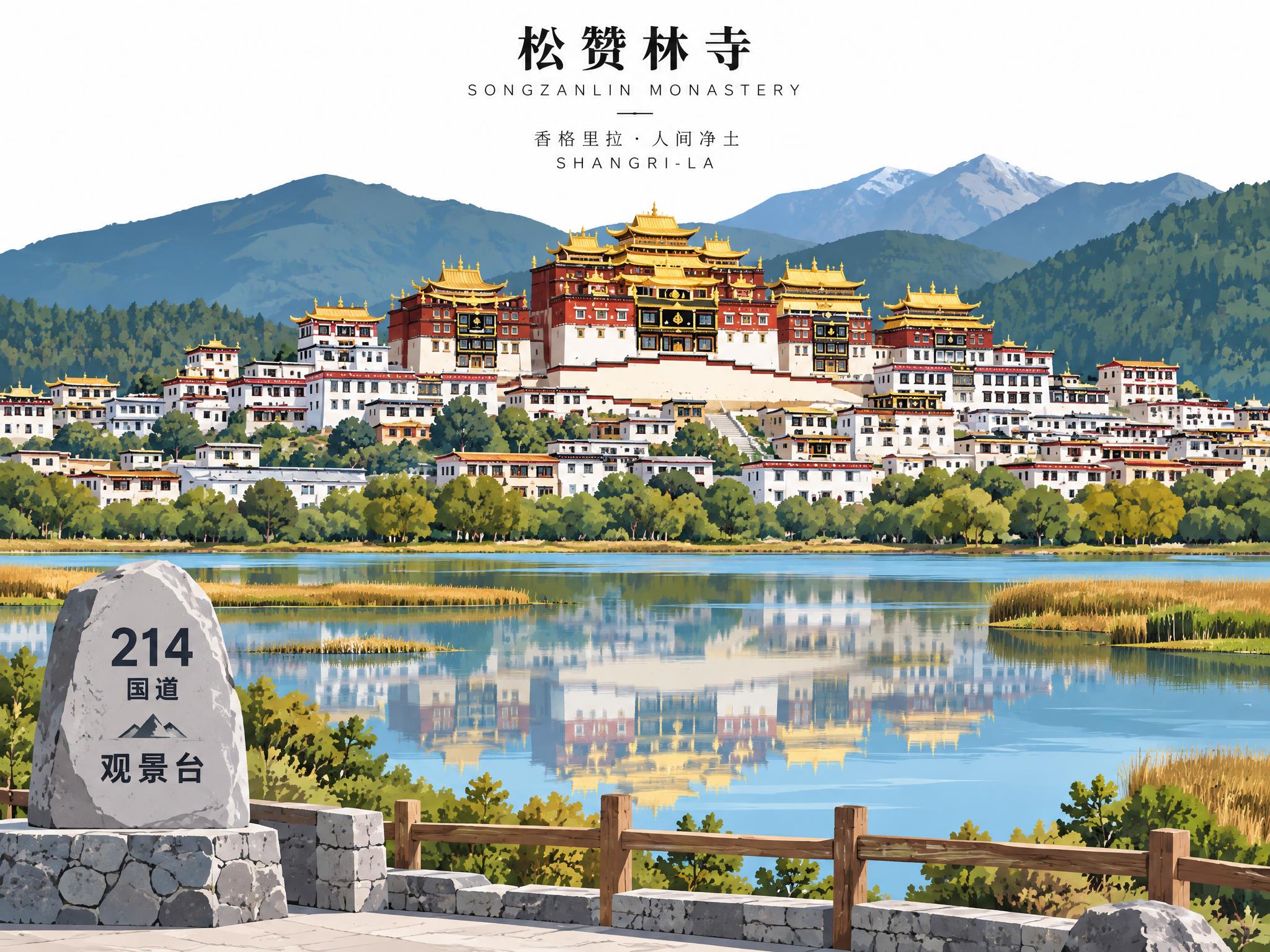 松赞林寺214观景台机位视角矢量图形，香格里拉地标，从214国… - 图片创意预览