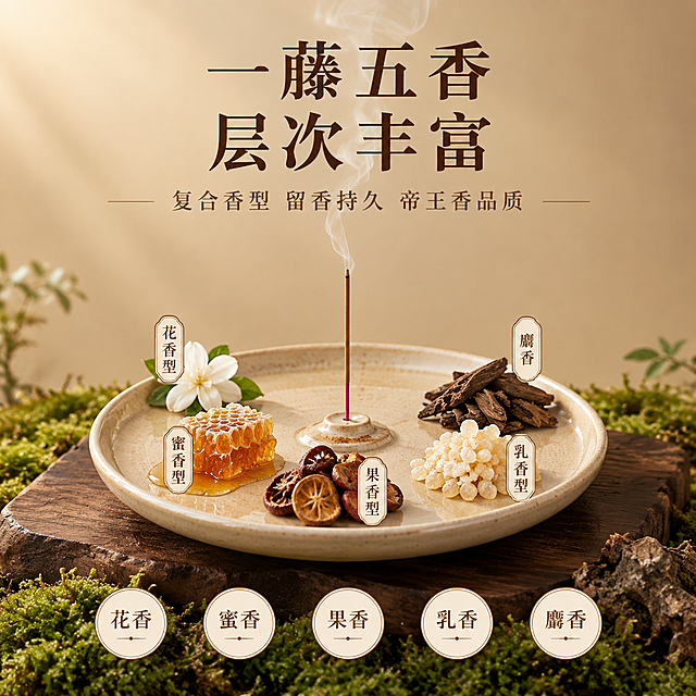 [主图-4] 香韵品质卖点 一藤五香 层次丰富
[统一基调] 自然侘寂美学风格，暖驼色（浅奶茶色）纯色渐变背景，柔和自然光从左上方照射，苔藓绿植微景观造景，整体色调温暖清新雅致，主标题用深棕色宋体大字，副标题用浅褐色小字，信息卡片用米白色圆角浅棕描边样式，全套视觉统一。
[画面] 画面为中心构图，营造香韵品鉴的雅致场景。画面中央一个浅米色陶瓷香盘上，整齐摆放着五支不同形态的香材样本，分别代表五种不同香型：花香型（旁边放一朵白色小花）、蜜香型（旁边放一小块蜂巢蜜）、果香型（旁边放一片干果）、乳香型（旁边放一块乳白树脂）、木香型（旁边放一小块沉香木）。香盘中央点燃一支降真香线香（保持原图外观），青烟袅袅上升。香盘放置在一块深棕色木板上，木板底部周围是绿色苔藓地景。背景是纯净的暖驼色渐变，简洁优雅。
[光影质感] 商业摄影质感，上方柔和漫射光，陶瓷香盘有温润的釉面光泽，各种香材样本呈现各自独特的材质纹理，香烟在光线中呈现半透明的丝絮质感，层次丰富。整体光影柔和雅致，突出香韵的层次感和品质感。
[配色] 背景主色：暖驼色浅奶茶色渐变；主标题色：深棕色；副标题色：浅褐色；香材色：白色、琥珀黄、果棕、乳白、深棕；点缀色：苔藓绿、陶瓷米白。
[文字版式] 画面上方居中主标题两行'一藤五香 层次丰富'，深棕色宋体加粗。下方副标题'复合香型 留香持久 帝王香品质'，浅褐色小号宋体。画面底部横向排列五个圆形小标签，每个标签对应一种香型，分别写'花香''蜜香''果香''乳香''麝香'，米白底浅棕字，排列整齐。
[输出要求] 1:1正方形构图，2K分辨率，香材细节清晰，香烟效果自然，文字清晰可读。禁止变形、错字、模糊、水印、平台Logo。禁止修改线香外观。