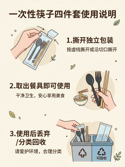 一次性筷子四件套使用说明图，小清新风格，浅米白背景，用三个步骤图示：1.撕开独立包装 2.取出餐具即可使用 3.使用后丢弃/分类回收，搭配简洁小插画，文字清晰易懂，字体用圆体预览效果