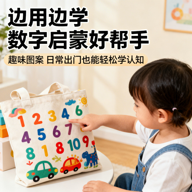 核心卖点图，1:1，聚焦童趣学习卖点，画面展示小朋友指着帆布包上的数字认读，大标题写「边用边学 数字启蒙好帮手」，副标题：趣味图案 日常出门也能轻松学认知，风格活泼温馨，符合主流电商设计预览效果