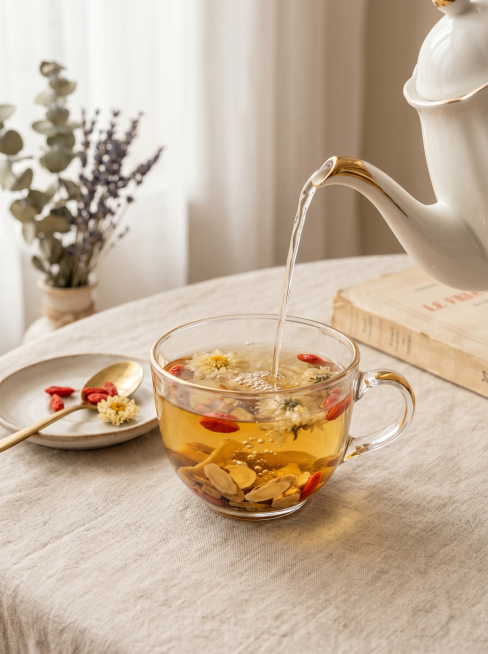 养生茶产品冲泡场景图，清澈透亮的茶汤，杯中有可见的黄芪、党参、西洋参、麦冬、菊花和枸杞原料，法式优雅风格，构图简洁干净，色调柔和温馨，适合小红书平台分享预览效果