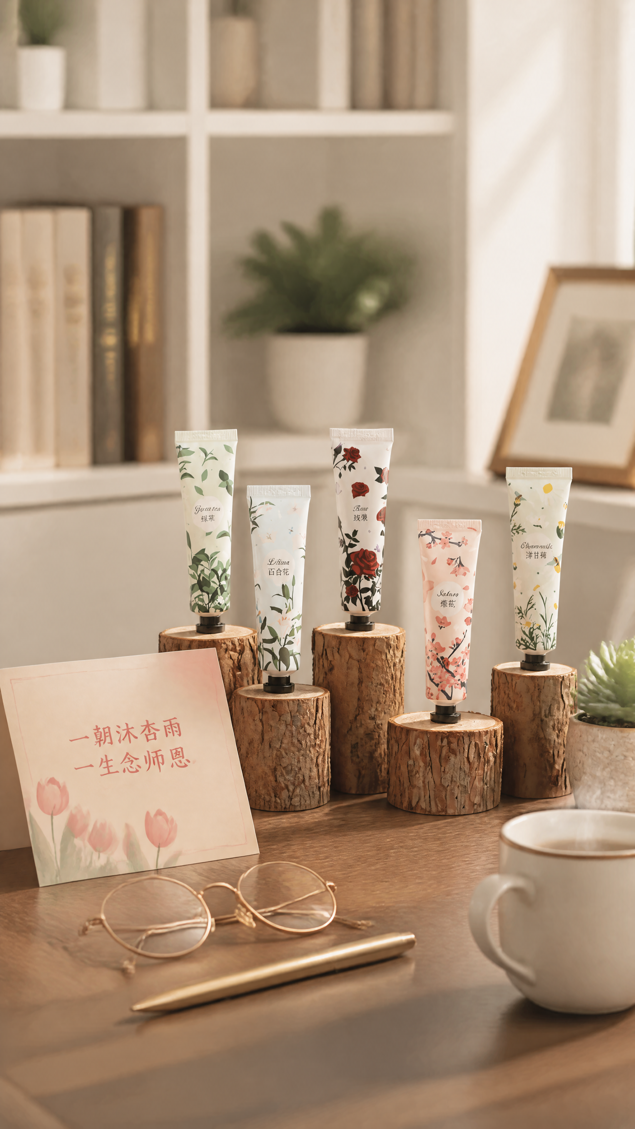 超写实电商产品摄影，教师节礼品主题。 主体：五支护手霜严格参照… - 图片创意预览
