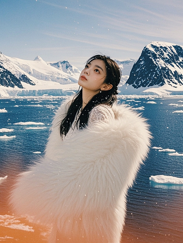 画面中有一名女模特，南极取景