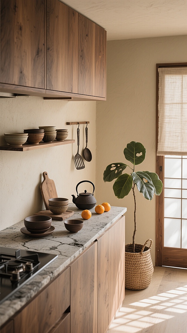 中景俯视角，在一个融合自然材质与几何美学的日式侘寂风厨房空间，浅米色硅藻泥墙面与烟熏橡木色的悬浮式橱柜形成温暖对比，台面选用带有天然冰裂纹理的火山岩材质，边缘打磨得圆润柔和。晨光透过亚麻质地的半透光障子门，在地面投下细密的木纹格栅阴影，光线呈现出柔和的米黄色调。料理台上，粗陶制成的深褐色食器套装随意摆放，旁边是一个手工编织的藤篮，里面盛放着几颗表皮粗糙的柑橘，复古铸铁茶壶正冒着袅袅热气，旁边点缀着一株小型琴叶榕盆栽，叶片上的天然虫洞更显岁月质感。开放式层架上陈列着不同釉色的粗陶碗碟，墙面悬挂着手工锻造的铁艺锅铲套装，整体构图强调材质的原始肌理与器物的自然磨损感，营造出淡泊宁静又充满生活温度的烹饪空间。