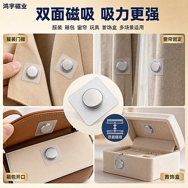 [主图-2] PVC双面磁 应用场景图，展示双面磁吸多场景使用效果。
[统一基调] 蓝金工业品质风格，米金色渐变背景，深蓝色主标题，浅金色辅助标签，白色说明文字，粗黑体字体，整体专业可信的源头工厂质感。左上角用文字写"鸿宇磁业"，不加任何图形logo。
[画面] 画面采用多场景拼图布局，展示PVC双面磁的多种应用：左上是服装门襟对吸隐形磁扣效果（突出双面磁吸）；右上是窗帘对边双面磁吸固定；左下是箱包开口双面磁扣合；右下是首饰盒盖双面磁吸扣合；中间放一枚清晰的PVC双面磁产品作为主体，旁边放一个小图示展示双面磁吸原理。背景是柔和的米金色渐变，整体协调统一。左上角文字"鸿宇磁业"。
[光影质感] 真实生活场景摄影质感，柔和自然光，各场景有独立光影，产品融入场景不悬浮，金属磁铁有细腻光泽，透明PVC隐形自然。
[配色] 背景为米金色到浅米色的渐变，主标题深蓝色，辅助说明文字用深灰色，产品保持透明PVC+银色磁铁本色，各场景选用暖色调与整体风格协调。
[文字版式] 顶部深蓝色粗体大字写"双面磁吸 吸力更强"，下方小字写"服装 箱包 窗帘 玩具 首饰盒 多场景适用"，每个场景配一个浅金色小标签标注场景名称，字体统一为现代粗黑体，文字放在负空间不遮挡主体。
[输出要求] 1:1正方形比例，2K分辨率，场景真实自然，产品融入场景不悬浮，文字清晰可读，无变形、错字、模糊、水印、平台Logo。