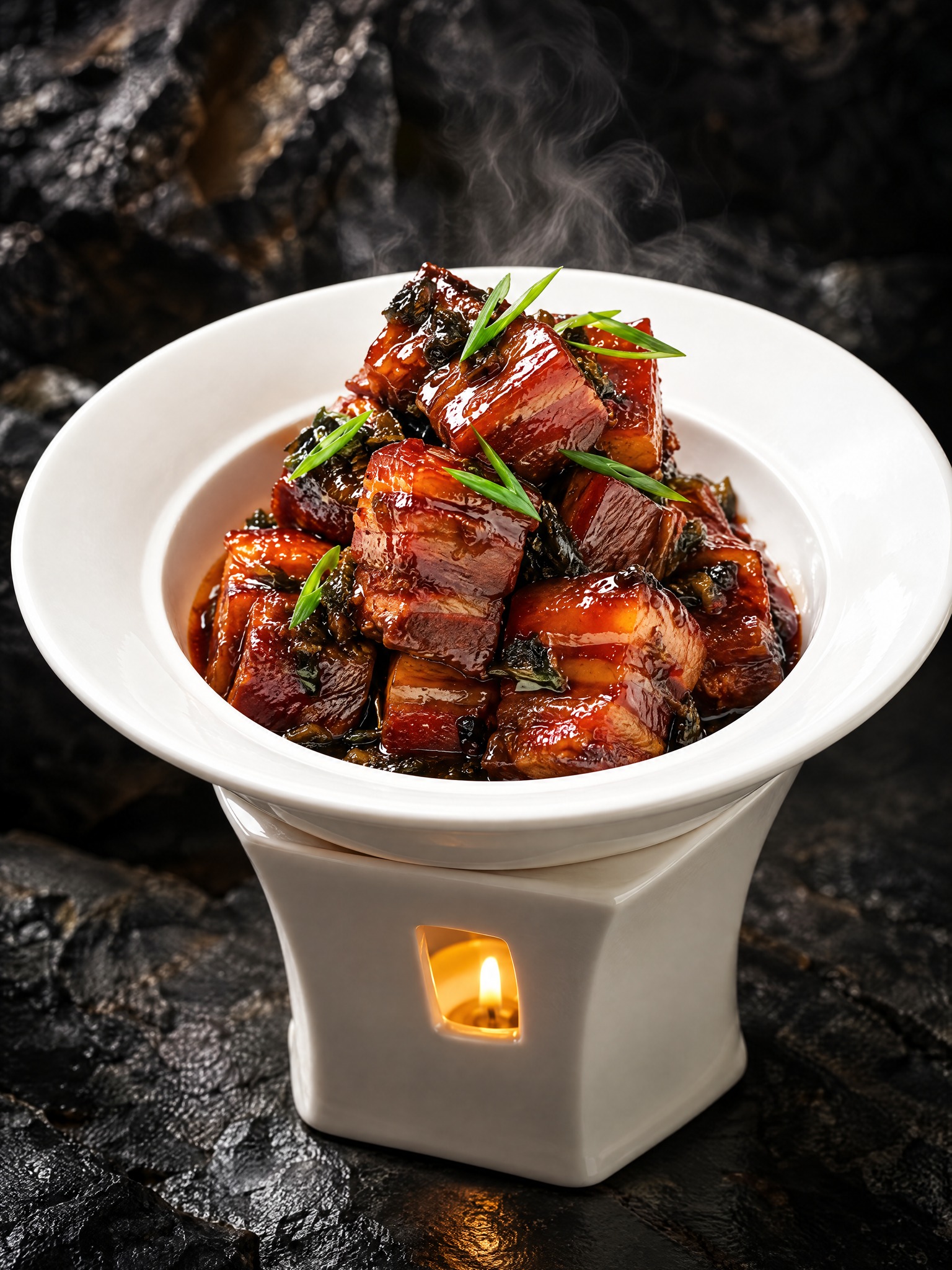基于参考图中的红烧肉菜品，生成俯视45度角度的美食摄影图，保持… - 图片创意预览