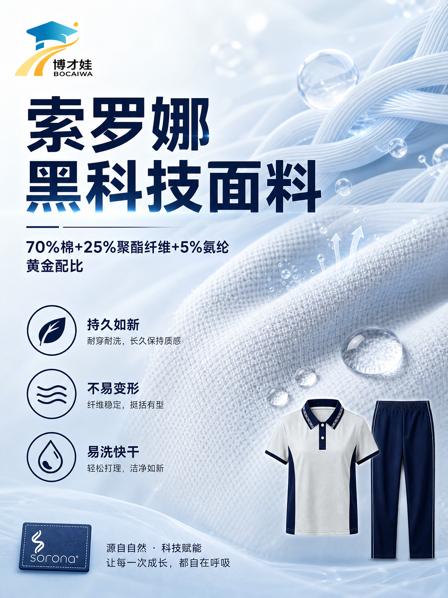 校服卖点海报，左上角放置博才娃logo（蓝色学士帽+橙黄渐变道… - 图片创意预览