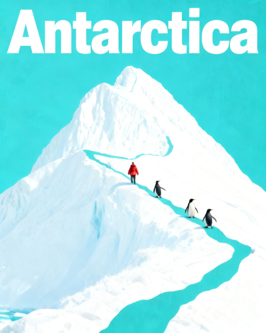 参考原图排版，把顶部英文改为Antarctica，将黑色山体替换成白色冰山，把中间登山的人物换成企鹅，去除下方和底部所有文字，保持图片高级整洁，色调统一，保留青蓝色背景配色风格预览效果