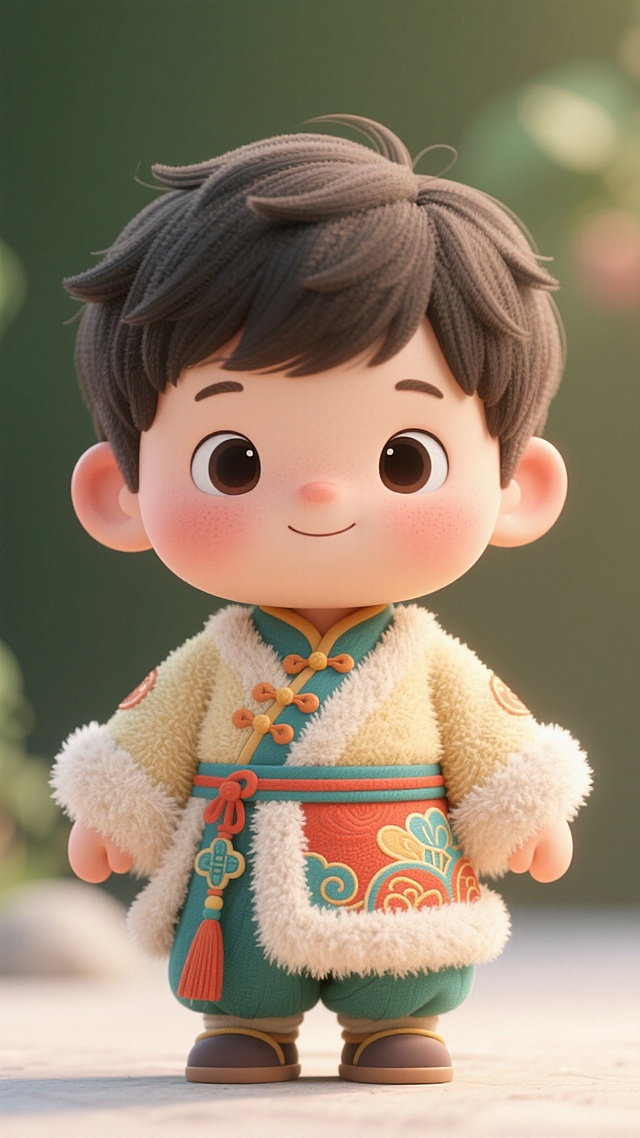 软3D风可爱卡通男孩，身着传统服饰，萌趣表情，节日氛围浓厚。