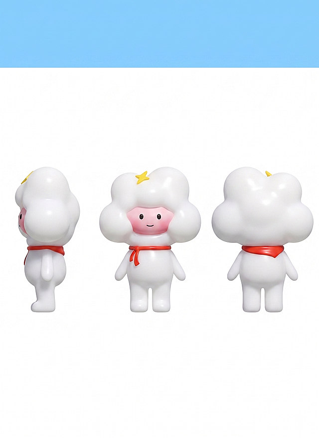 参考这张云形卡通IP形象，生成包含正面、背面、侧面的三视图，保持原形象特征：白色云朵造型头部、粉色脸蛋、红色领巾、黄色星星装饰，3D卡通风格