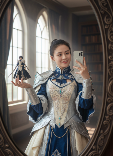cosplayer真人照片，根据该图生成一张现实生活中扮演该角色的写实风格，人物所在的写实场景与原作相对应，人物一只手抬起拿着手机对着镜子正在自拍，另一只手靠近镜头托着带有与该cosplayer照片相预览效果