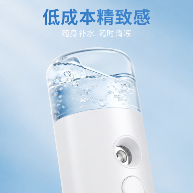 [主图-3] 纳米喷雾补水仪产品细节展示
[氛围风格] 苹果极简日式美容仪风格，夏季清凉美学
[画质] 商业摄影质感，光线柔和通透，产品清晰真实，画面干净高级
[元素] 保持纳米喷雾补水仪外观，物理结预览效果