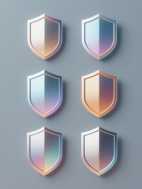6个采用简约现代造型的护盾元素素材规整排布，每个护盾拥有独特的配色方案和材质表现，整体呈现出3D立体效果，带有渐变色彩和高光反光细节，光影过渡平滑自然，所有元素置于纯色背景之上，画面中无任何文字、logo及水印。预览效果
