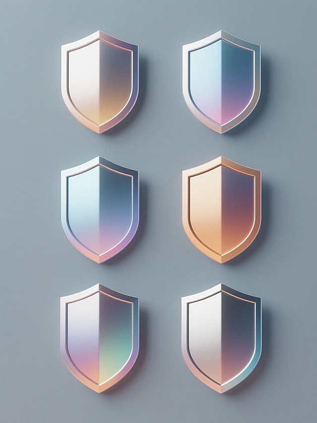 6个采用简约现代造型的护盾元素素材规整排布，每个护盾拥有独特的配色方案和材质表现，整体呈现出3D立体效果，带有渐变色彩和高光反光细节，光影过渡平滑自然，所有元素置于纯色背景之上，画面中无任何文字、logo及水印。