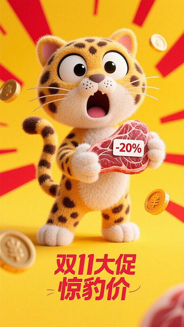一只卡通豹子惊讶表情，拿着有“-20%”标签的肉，黄色背景，红色放射线、金币元素点缀，画面下方3D文字标签“双11大促 惊豹价”。