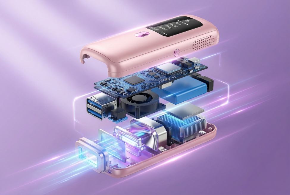 在帮我生成一张脱毛仪的产品拆解图产品背景携带光效预览效果