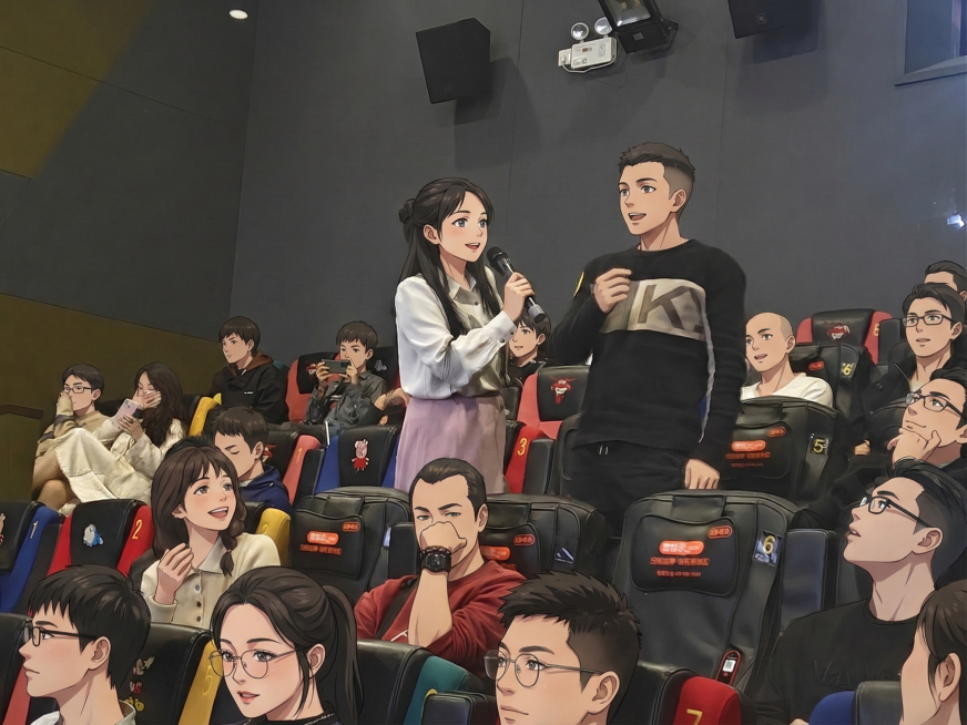 只将图中所有人物的脸部进行动漫化处理，人物躯体、服装、背景、座椅、文字标识等所有其他内容完全保持原图不变预览效果