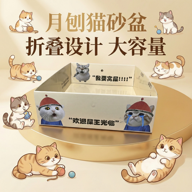 这张图片是产品主体这款产品是一次性猫砂盆 产品主体颜色不改变 我需要设计20张主图在拼多多上面售卖   主图场景布局设计用小猫等 等背景元素 整体色调暖色，可爱 显得高级一些  主图文案内容 月刨猫砂预览效果