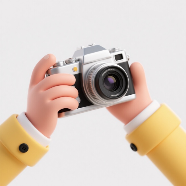 3D卡通风格插画，两只戴着黄色袖子（袖口有白色翻边，袖子上有黑色纽扣）的手正握持着一台银色机身、黑色镜头的复古单反相机，相机镜头朝前，整体造型圆润可爱，光影柔和，色彩明快，构图聚焦于手部与相机的互动，营造出轻松愉快的拍照氛围，细节清晰，立体感强，背景为纯白色。预览效果