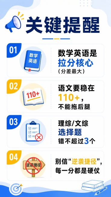 设计一张排版清晰、配色干净的图文，标题写"关键提醒"，内容分四点：1. 数学英语是拉分核心（分差最大）；2. 语文要稳在110+，不能拖后腿；3. 理综/文综选择题错不超过3个；4. 别信“逆袭捷径”预览效果