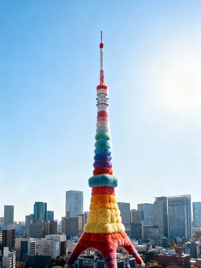 建筑整体呈现出全毛绒质感的风格，毛绒有层次感，毛绒颜色为彩虹色调。建筑保留原始形状，水平矫正