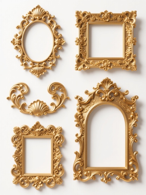 多种不同样式的复古边框，金色为主色调，融合巴洛克与洛可可风格，包含复杂的花卉浮雕、卷曲藤蔓、贝壳纹样和涡旋装饰，边框轮廓有椭圆形、方形、拱形等多种形态，每个边框都有独特的雕花细节和对称设计，整体呈现出华丽、精致、典雅的古典艺术质感，光影效果突出金属的光泽和立体感，背景为纯白色。预览效果