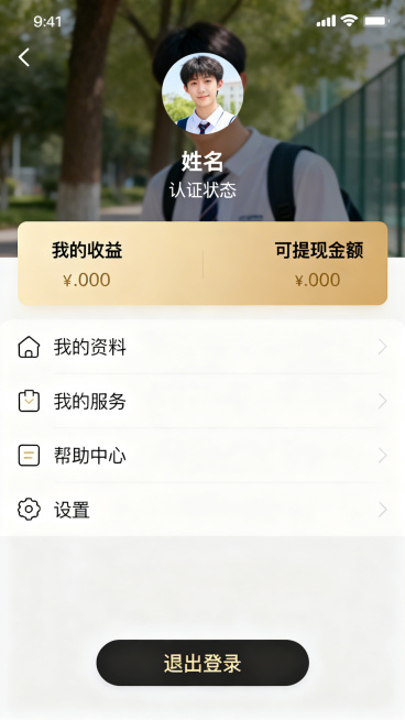 整体优化生成拾光智伴大学生端个人中心页面，展示大学生头像、姓名、认证状态，大模块展示我的收益、可提现金额，功能入口包含我的资料、我的服务、帮助中心、设置，底部有退出登录按钮，年轻简洁设计，清晰高效，适预览效果