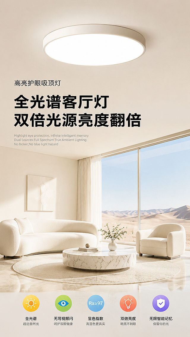 现代极简奶油风客厅场景，画面顶部中央是一盏哑光白色圆形高亮护眼吸顶灯，灯体线条流畅，高透光柔光面板发出均匀明亮的白光，无多余装饰，质感高级。整体为浅米白奶白色调，干净通透，墙面天花板无多余装饰，大面落地窗，窗外是晴朗的沙漠风光；室内摆放奶白色弧形沙发、同色系单人扶手椅、大理石纹圆形茶几，整体光线柔和明亮，无杂乱物品，氛围舒适干净。所有文字与画面边框保持80px安全距离，不贴边，不遮挡主体灯具与核心场景，整体集中在画面中上部偏左区域。大字标题：文字内容为"全光谱客厅灯 双倍光源亮度翻倍"，采用粗体无衬线黑体，纯黑色，横排居中分布在画面中上部偏左，字体醒目有力，突出产品卖点，营造专业电商营销氛围。上方副标题：文字内容为"高亮护眼吸顶灯"，采用细体无衬线宋体，黑色，位于大字标题上方，字号为大字的1/3，点明产品品类。下方英文小字：文字内容为"Highlight eye protection, infinite intelligent memory Dual Sources Full Spectrum True Ambient Lighting No flicker;No blue light hazard"，采用纤细无衬线英文体，浅灰色，位于大字标题下方，字号为大字的1/4，补充产品功能。画面底部居中排列彩色扁平化产品卖点图标，搭配对应文字说明，与底部边框保持50px安全距离。整体风格：现代简约电商主图，奶油风，柔光箱布光，50mm焦段，低角度仰拍，画面干净通透，高质感商业产品摄影
