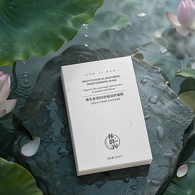 超写实美妆产品摄影，新中式美学自然风格。
主体：维生素原B5舒缓润护面膜（米白色方盒）严格参照上传产品图，完整保留所有可见组件、轮廓、结构、比例、材质、颜色与产品本体上的文字信息（logo/型号/规格/参数等），与上传图完全一致；自然融入场景光影，与场景共处同一物理空间。
构图：产品平放于画面中央，正面朝上，占画面45%，完整不裁切，俯视30°，100mm微距镜头。
场景：中式荷塘月色意境，青石板之上，背景为朦胧荷叶与荷花。
环境材质：①承载面，青灰色石板，细腻水痕，温润质感；②背景，朦胧柔焦的粉白色荷花与翠绿荷叶，晨雾缭绕；③周围，几滴透明水珠散落于石板与盒面；④角落，一片翠绿荷叶半遮画面。
动态生机：水珠从荷叶边缘滴落，水面泛起微澜，晨雾缓缓流动。
配色/材质：米白/青灰/荷粉/翠绿；纸质包装/石材/水/植物。
光影：主光从上方晨雾中漫射而下，冷调清透柔光，均匀照亮盒面；荷叶投下斑驳光影，石板有湿润反光，整体清新自然，荷塘清韵。
参数：4K超写实，光追质感。严格锁定宽高比为1:1。