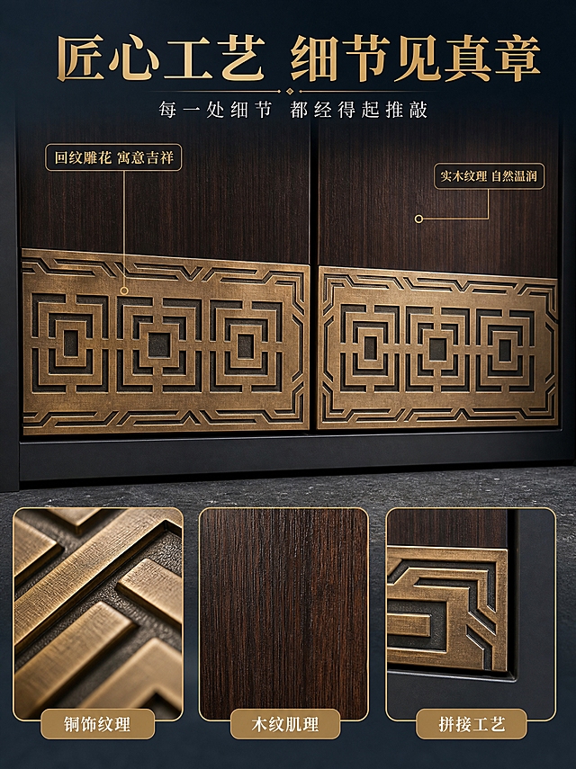 [商品] 使用【图1】新中式铜艺别墅双开门；保留深棕色实木面板、下部古铜色回纹雕花、双开结构；主图展示大门下部铜饰区域特写，细节放大框展示更微观的工艺细节，门体原貌不变形不改色。
[画面] 页面目标：工艺细节微距，主图+细节卡型。主图占画面上半部分60%，是大门下部铜饰雕花区域的近距离特写，清晰展示回纹图案雕刻细节、铜材质感光泽、木纹与铜饰拼接处。下方横向排列三个圆角矩形细节放大框，分别是：左"铜饰纹理"—微距展示铜雕花凹凸肌理和手工錾刻痕迹；中"木纹肌理"—特写实木面板自然木纹和漆面质感；右"拼接工艺"—展示铜饰与木板拼接处的严丝合缝工艺。顶部标题区。
[视觉] 套系策略：风格=高端新中式国风商业摄影；标题字=大气宋体衬线粗体；正文字=简洁宋体正文；主色=深灰蓝；背景延展=基于深灰蓝做深浅层级渐变；强调色=古铜金，仅用于标题、细节框边框、标注引线；标题色=古铜金色；正文色=米白色；组件=细铜金色圆角细节框、铜金色引线标注；光影=侧光突出纹理立体感，铜饰有金属高光，木纹有深浅变化，微距细节锐利清晰。
[文字] 顶部居中主标题"匠心工艺 细节见真章"8字，副标题"每一处细节 都经得起推敲"10字。主图上有两处引线标注："回纹雕花 寓意吉祥"、"实木纹理 自然温润"。下方三个细节框下方各标注名称："铜饰纹理"、"木纹肌理"、"拼接工艺"，用古铜金色底白字小标签。所有文字横排。
[规格] 图片比例3:4竖版，4K分辨率，避免变形、错字、文字过小、细节模糊、纹理失真、水印、平台Logo。