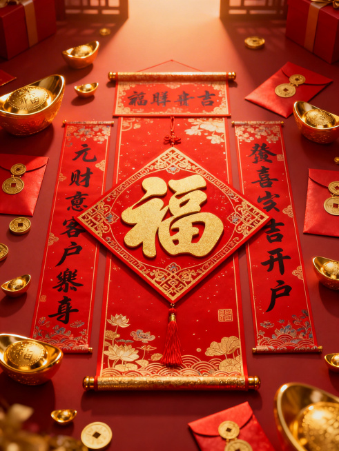 万联证券新春开户拉新宣传海报，无任何文字文案，整体充满春节新春氛围，以喜庆的红色和金色为主色调，融入春联、福字、金元宝、红包等传统新春元素，风格正式大气，符合金融行业专业感同时兼具节日热闹氛围，适合用预览效果
