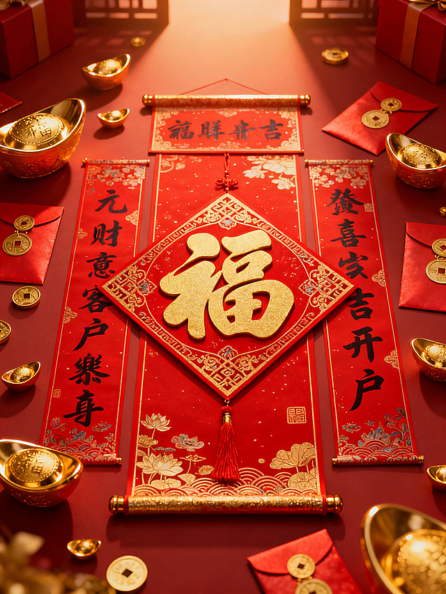 万联证券新春开户拉新宣传海报，无任何文字文案，整体充满春节新春氛围，以喜庆的红色和金色为主色调，融入春联、福字、金元宝、红包等传统新春元素，风格正式大气，符合金融行业专业感同时兼具节日热闹氛围，适合用于吸引新客户开户