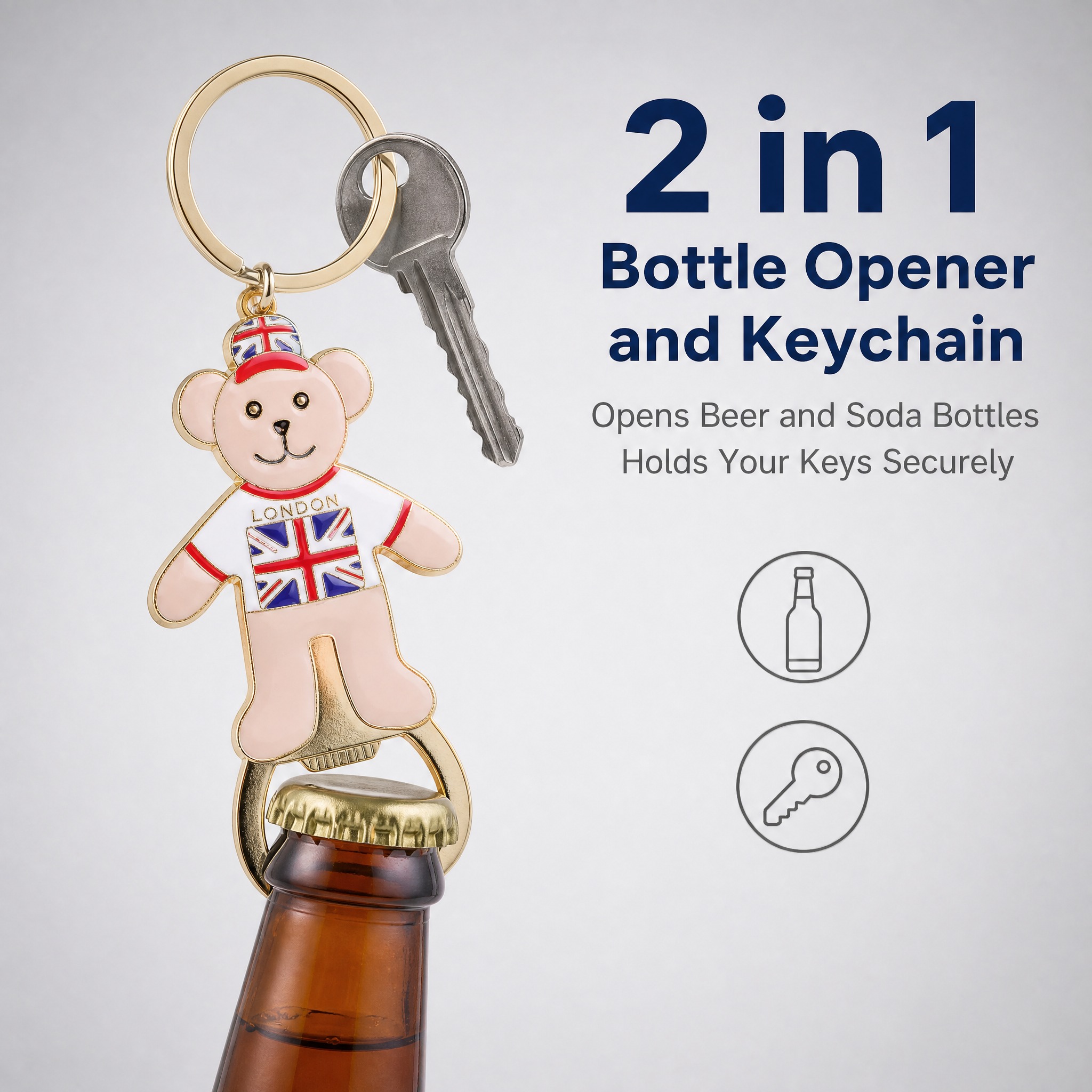 主图2 英国伦敦小熊造型开瓶器钥匙扣功能展示图，展示开瓶器加钥… - 图片创意预览