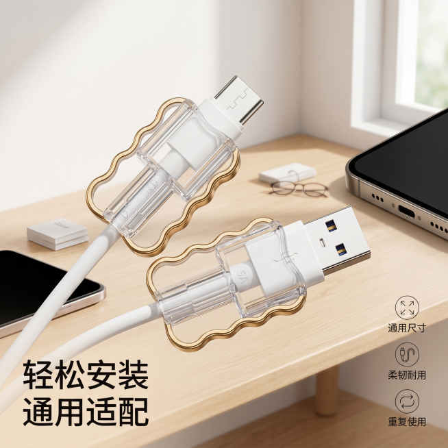 [主图 4] 安装使用展示主图
[氛围风格] 生活化场景展示，自然实用
[画质] 商业摄影质感、光线柔和通透、产品清晰真实、画面干净高级
[元素] 保持数据线保护套外观（物理结构、透明材质质感、波浪金预览效果