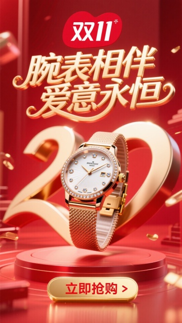 商业摄影风格，比例 16:9。以鲜艳的红色为背景，营造热烈氛围。画面正中央是巨大且优雅的主标题 “腕表相伴 爱意永恒”，采用金色立体艺术字体，笔画粗细变化富有韵律，表面有细腻的光泽质感，像是被柔和灯光预览效果