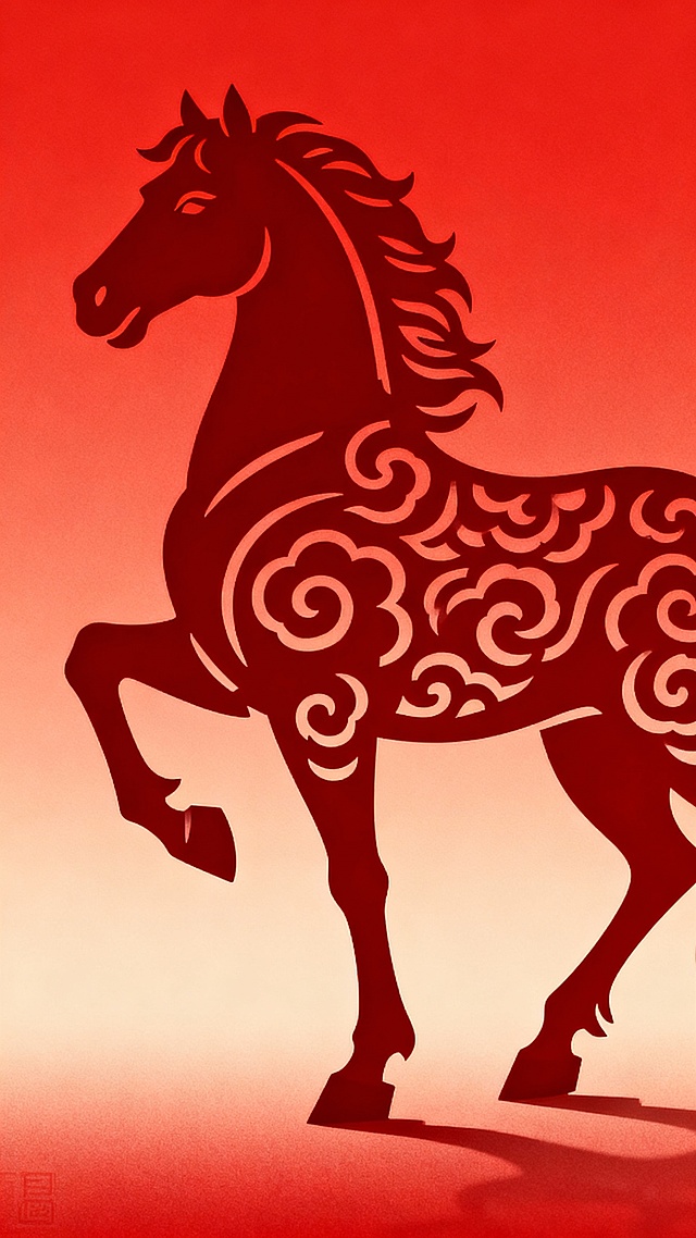 剪影风马形剪纸，红渐变背景，祥云纹饰，国潮中式风格，喜庆民族感，春节主题。