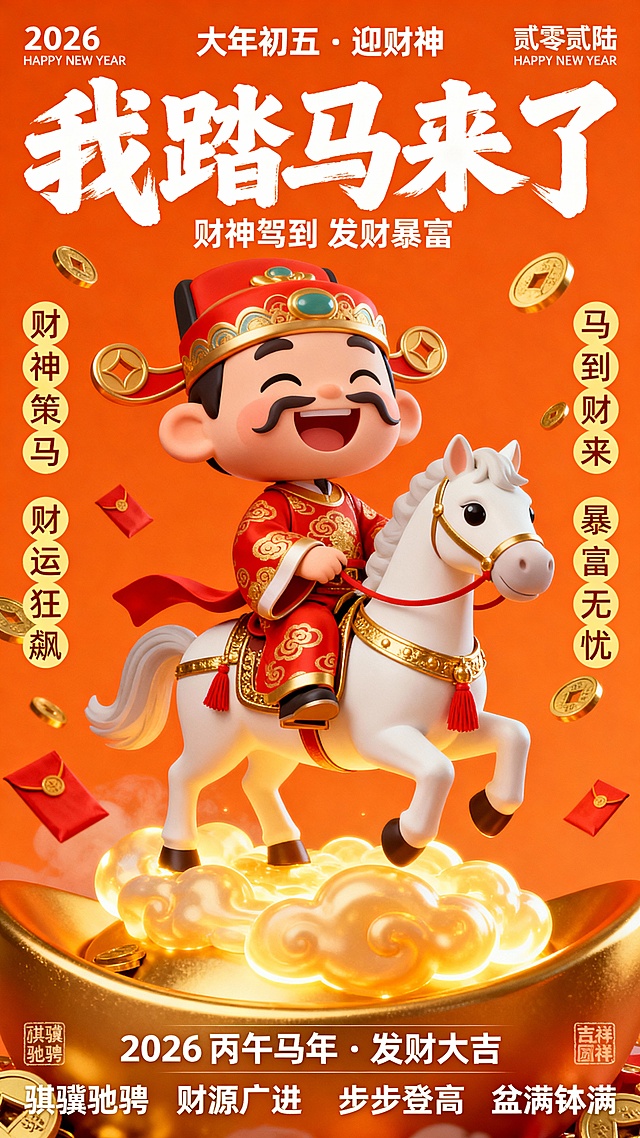 萌 3D 卡通风格，高饱和度亮橙色背景，画面中心是头戴财神帽、身穿红金祥云纹长袍的卡通财神爷，笑容灿烂，骑在造型呆萌的 阿拉伯白马 上，小马配有金色鞍具与红色流苏，四蹄踏在发光的金色祥云上。画面底部露出一个巨大的金色钱币边缘，空中散落金币与红包。海报顶部是白色手写粗体艺术字 “大年初五・迎财神”；画面中央是巨大的白色手写风格艺术字主标题 「我踏马来了」，下方标注小字 “财神驾到       发财暴富”。画面左上角标注 “2026” 与”HAPPY NEW YEAR“，右上角标注 “贰零贰陆” 与 “HAPPY NEW YEAR”，左右两侧竖排浅黄色小字吉祥语：“财神策马   财运狂飙” 与 “马到财来   暴富无忧”，底部标注 “2026 丙午马年・发财大吉”，以及 “骐骥驰骋  财源广进”“步步登高  盆满钵满” 等吉祥印章文字。整体风格喜庆热闹，结合 3D 萌趣造型与传统财运元素，寓意马年财神踏马而来，财运亨通、暴富无忧。