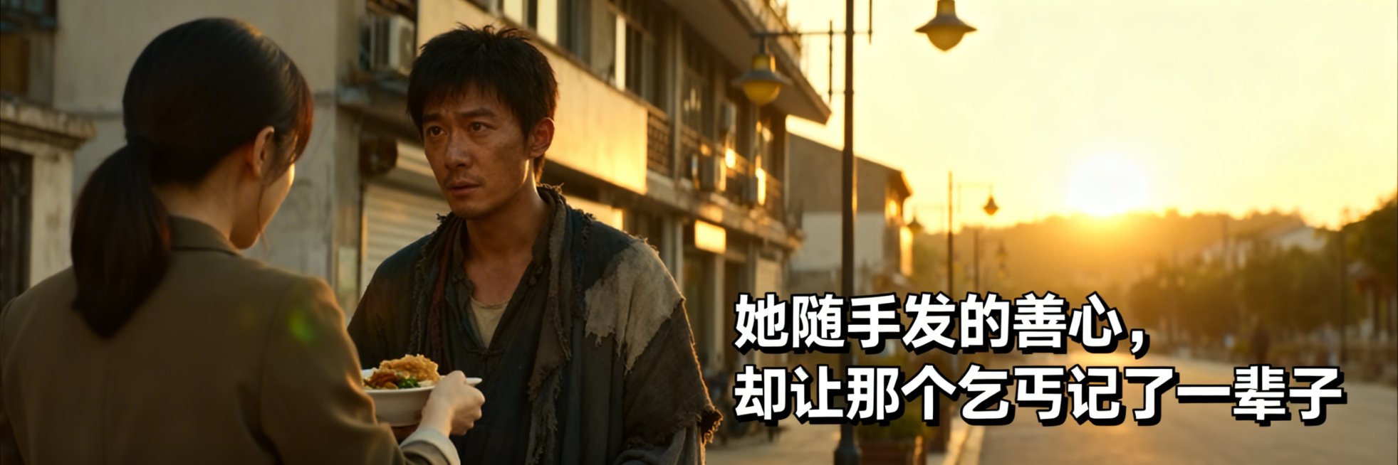 短剧广告横幅，真人摄影风格，电影质感，夕阳下的街边场景，亚洲美女放下食物转身离开，乞丐装扮的亚洲帅气男子眼神充满深情；画面右侧预留位置，添加白色文字配黑色描边："她随手发的善心，却让那个乞丐记了一辈子预览效果