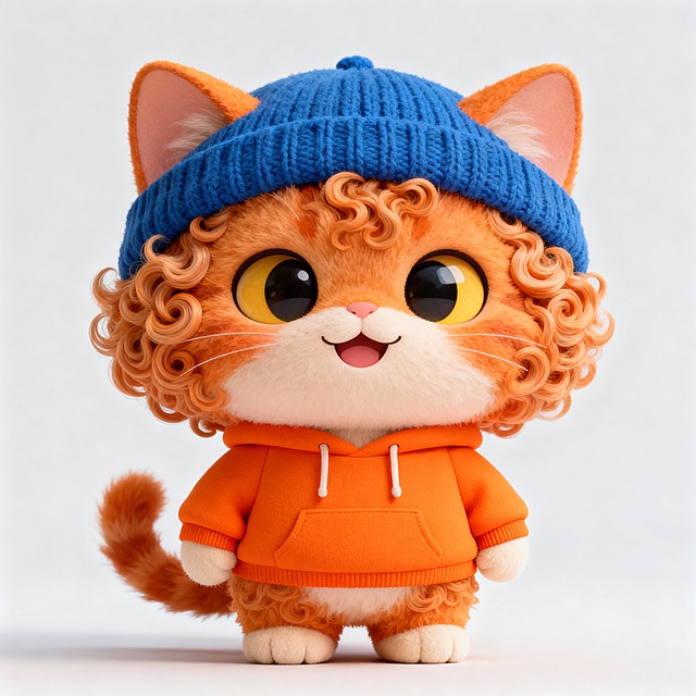 一只以德文卷毛猫为原型的IP形象，可爱丑萌风格，大头短小四肢，橙色为主色调，身穿橙色卫衣和蓝色针织帽，表情开朗乐观友善，毛茸茸的质感，明亮的眼睛，微笑的嘴巴，整体造型圆润可爱，背景简洁