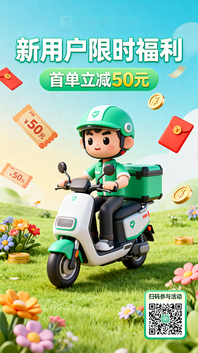 3D立体C4D风格，软质感黏土风，邀新活动商业宣传海报，全屏竖版构图，活力明亮撞色配色，轻盈渐变背景，层次感丰富，大气活泼的商业促销风格，留出上方主标题和副标题区域，中心位置是拟人化的骑手换电卡通IP形象，点缀优惠券、红包、金币、花卉装饰元素，右下角留出放置二维码的位置，整体干净透气，视觉冲击力强