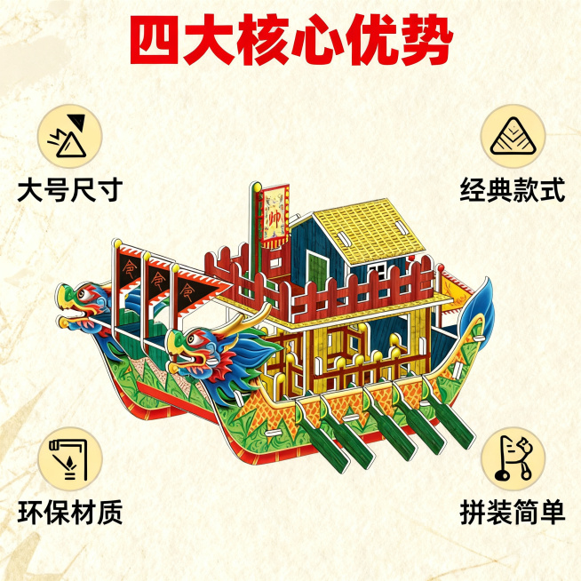 [主图 2] 端午龙舟立体拼图核心卖点展示图
[氛围风格] 传统居家热情治愈风，端午传统节日氛围
[画质] 商业摄影质感、光线柔和通透、产品清晰真实、画面干净高级
[元素] 保持端午龙舟立体拼图产品外预览效果