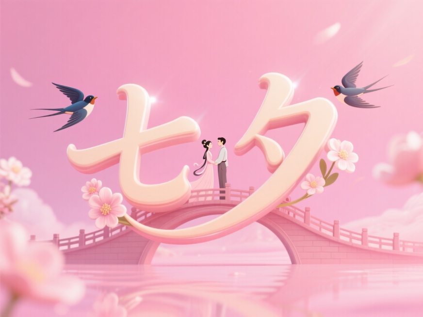 横向浅色文字"七夕"，线条流畅，可爱文艺艺术字。创意字体设计点缀两只小喜鹊、花朵元素，背面是鹊桥相会的场景，人物只要一男一女，桥上的人物变成简约古风的牛郎织女，甜蜜画风。粉色梦幻背景，浪漫七夕氛围。预览效果